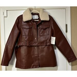 Rebecca Minkoff Faux Leather Jacket Chestnut Size Small NWT Shearling Collar